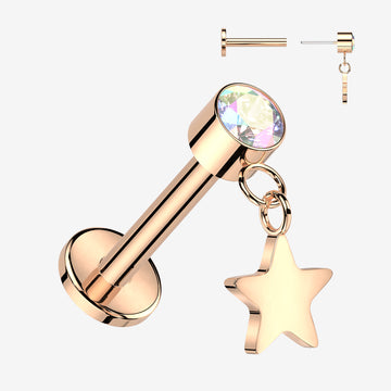 Implant Grade Titanium OneFit Threadless Rose Gold Sparkle Dangle Star Top Flat Back Labret-Aurora Borealis